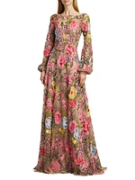 Embellished Floral Balloon-Sleeve Gown