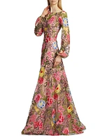 Embellished Floral Balloon-Sleeve Gown