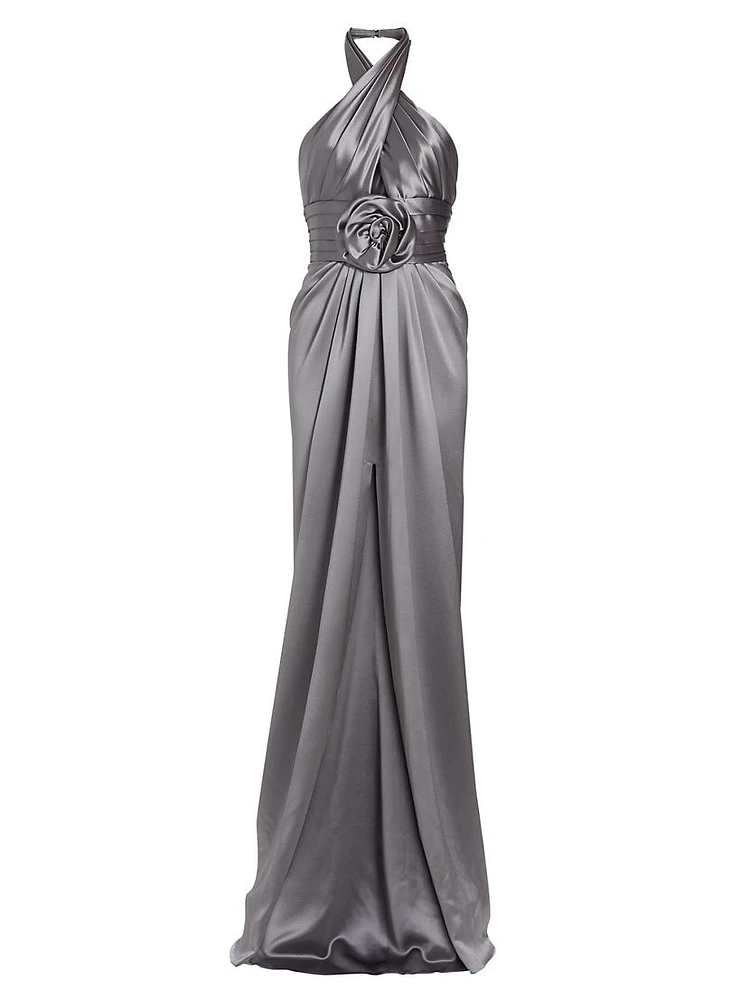 Rosette Silk Halterneck Gown