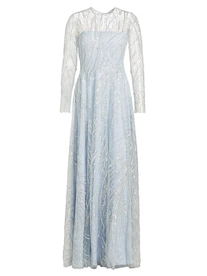 Sequined Long-Sleeve Illusion Gown