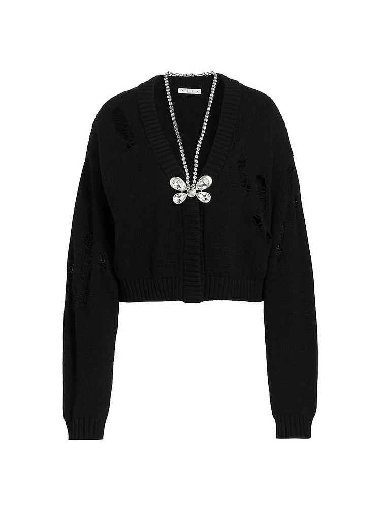 Crystal-Embellished Butterfly Cotton & Cashmere Distressed Cardigan