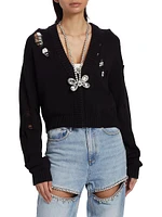 Crystal-Embellished Butterfly Cotton & Cashmere Distressed Cardigan