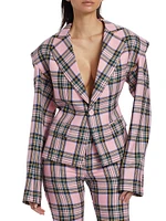 Heart-Accented Plaid Wool Cut-Out Blazer