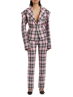 Heart-Accented Plaid Wool Cut-Out Blazer