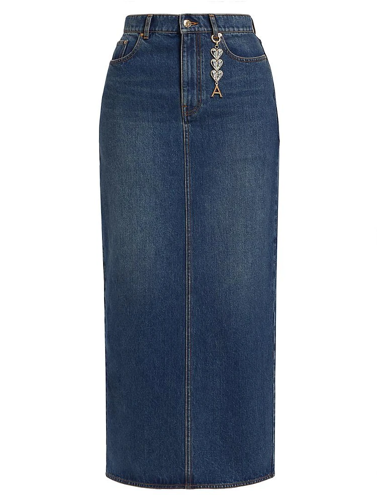 Crystal Heart Charm Denim Slit Midi-Skirt