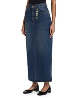 Crystal Heart Charm Denim Slit Midi-Skirt