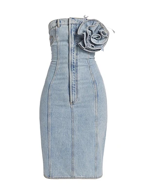 Flower Corsage Denim Strapless Midi-Dress