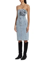 Flower Corsage Denim Strapless Midi-Dress