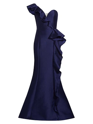 Satin Ruffle One-Shoulder Trumpet Gown