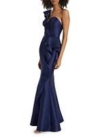 Satin Ruffle One-Shoulder Trumpet Gown