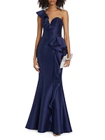 Satin Ruffle One-Shoulder Trumpet Gown