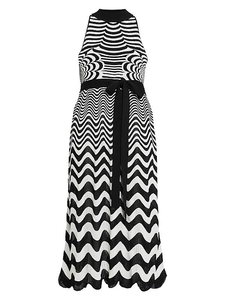 Bisous Wavy Striped Belted Knit Maxi Dress