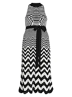 Bisous Wavy Striped Belted Knit Maxi Dress