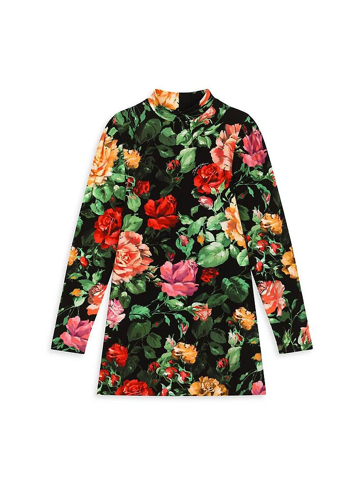 Little Girl's & Floral Print Velour Turtleneck Dress