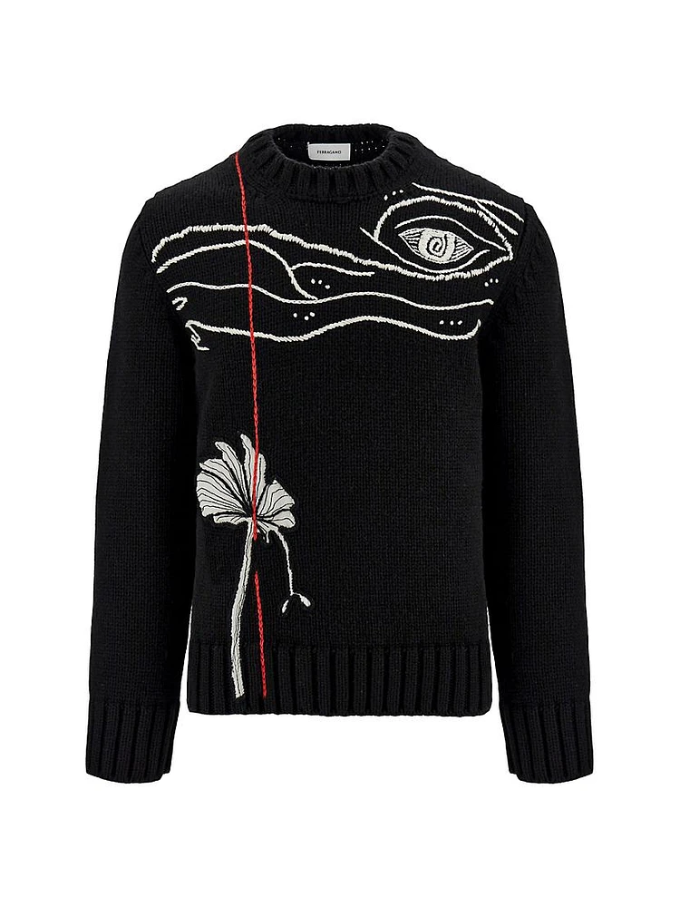 Embroidered Knit Crewneck Sweater