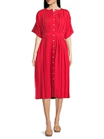 Pleated Dolman-Sleeve Midi-Dress