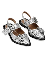 Feminine Buckle Metallic Leather Ballerina Flats