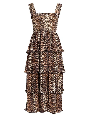 Leopard Smocked Flounce Midi-Dress