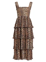 Leopard Smocked Flounce Midi-Dress