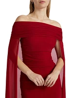 Tulle Off-the-Shoulder Cape-Sleeve Gown