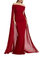 Tulle Off-the-Shoulder Cape-Sleeve Gown