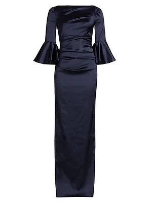 Satin Duchesse Bell-Sleeve Gown