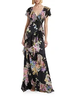 Floral Chiffon Diagonal Ruffle Gown