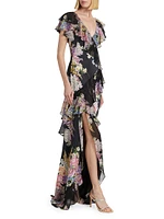 Floral Chiffon Diagonal Ruffle Gown