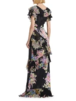 Floral Chiffon Diagonal Ruffle Gown