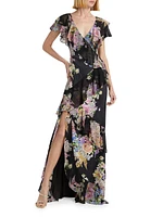 Floral Chiffon Diagonal Ruffle Gown