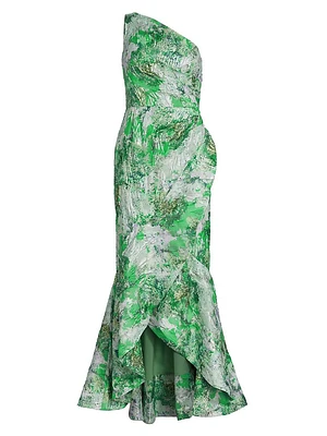 Puckered Jacquard One-Shoulder Column Gown