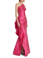 Jacquard One-Shoulder Ruffle Column Gown