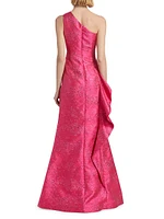 Jacquard One-Shoulder Ruffle Column Gown