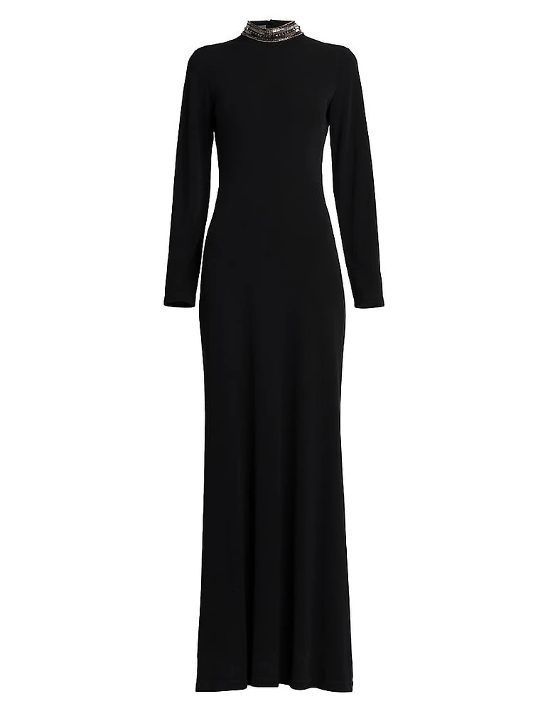 Draped-Back Beaded Turtleneck Dress