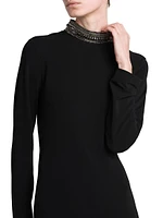 Draped-Back Beaded Turtleneck Dress