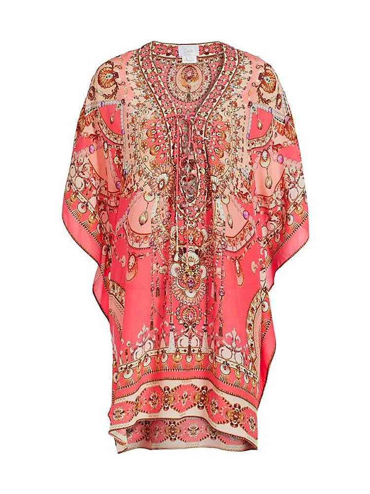 Shell Print Lace-Up Silk Kaftan