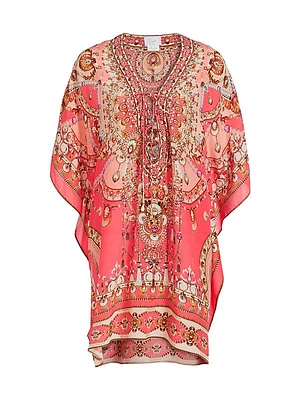 Shell Print Lace-Up Silk Kaftan