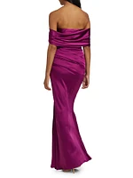 Satin Off-Shoulder Draped Dress