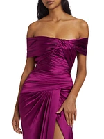 Satin Off-Shoulder Draped Dress