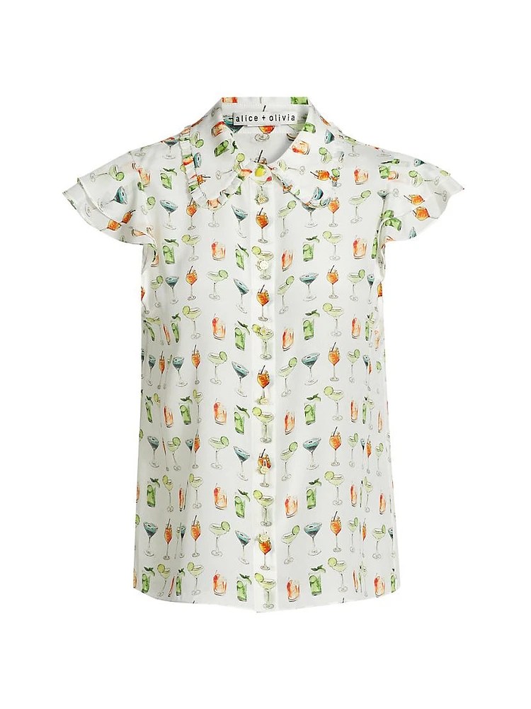 Martel Cocktail-Print Silk Blouse