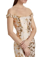 Amina Floral Brocade Off-the-Shoulder Cocktail Dress