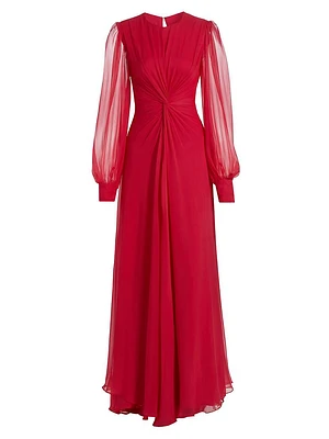 Twist Silk Chiffon Blouson-Sleeve Gown