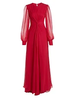 Twist Silk Chiffon Blouson-Sleeve Gown