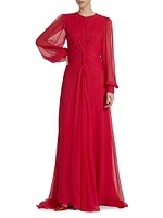 Twist Silk Chiffon Blouson-Sleeve Gown