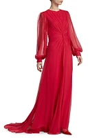 Twist Silk Chiffon Blouson-Sleeve Gown