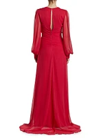 Twist Silk Chiffon Blouson-Sleeve Gown