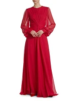 Twist Silk Chiffon Blouson-Sleeve Gown