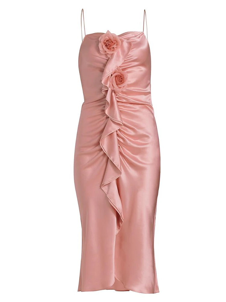 Ruched Silk Satin Midi-Dress