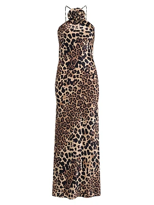 Leopard Silk Bias-Cut Halter Gown