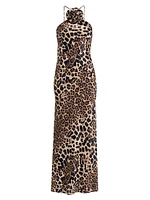 Leopard Silk Bias-Cut Halter Gown